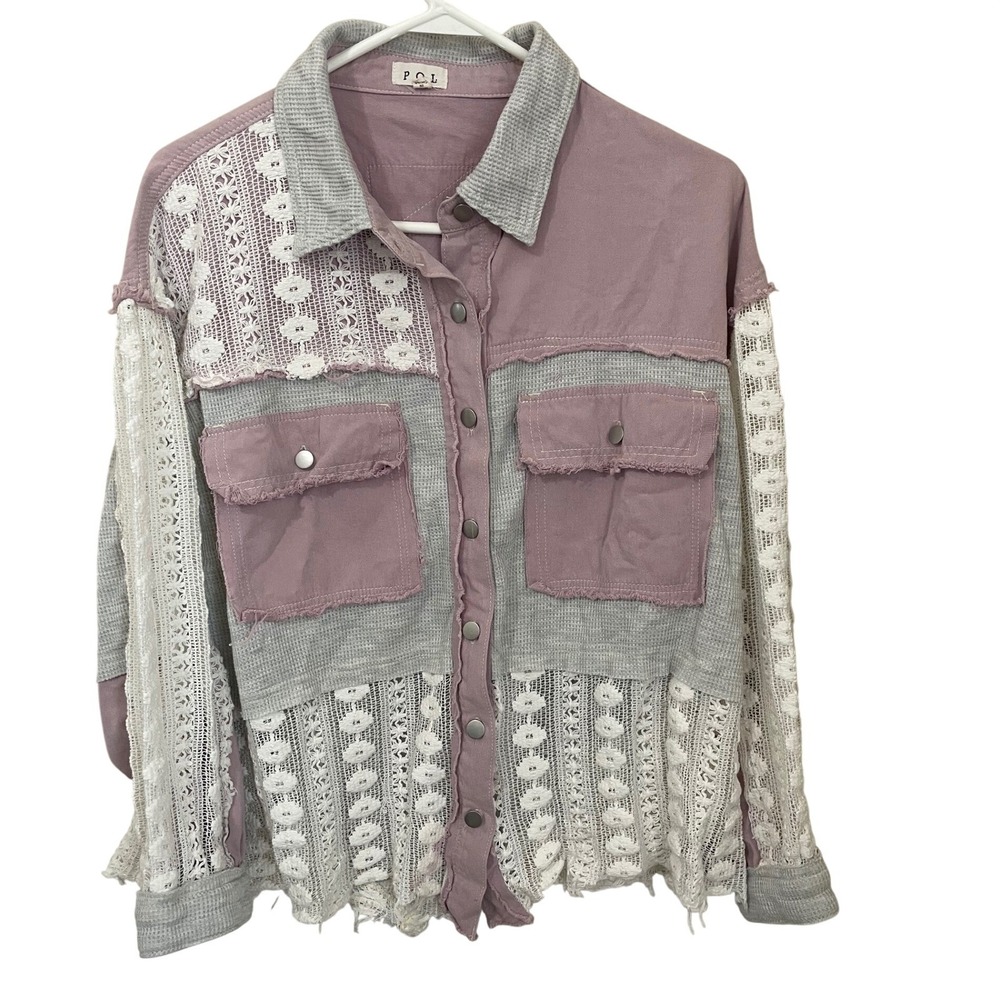 POL Size S Mixed Media Boho Lace Waffle Knit Lightweight Jacket Mauve Grey